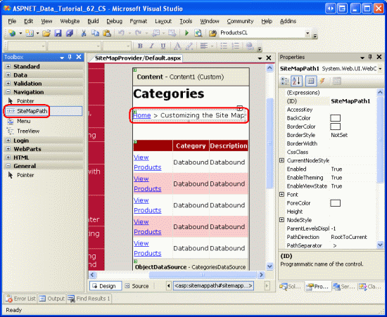 Agregue un SiteMapPath a la Default.aspx