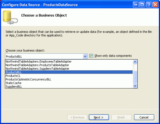 Configure el ObjectDataSource para usar la clase ProductsBLL