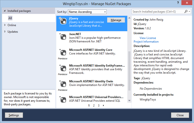 Captura de pantalla de la ventana Administrar paquetes NuGet con jQuery resaltado.