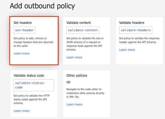 Recorte de pantalla de la configuración de la directiva Establecer encabezados en el portal.