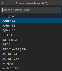 Recorte de pantalla del cuadro de diálogo de VS Code usa para seleccionar la pila en tiempo de ejecución de la nueva aplicación web.