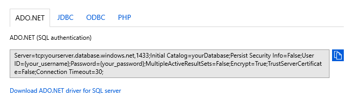 Captura de pantalla de Azure&nbsp;Portal que muestra la página de cadenas de conexión. Se selecciona la pestaña ADO.NET y se muestra la cadena de conexión ADO.NET (autenticación de SQL).