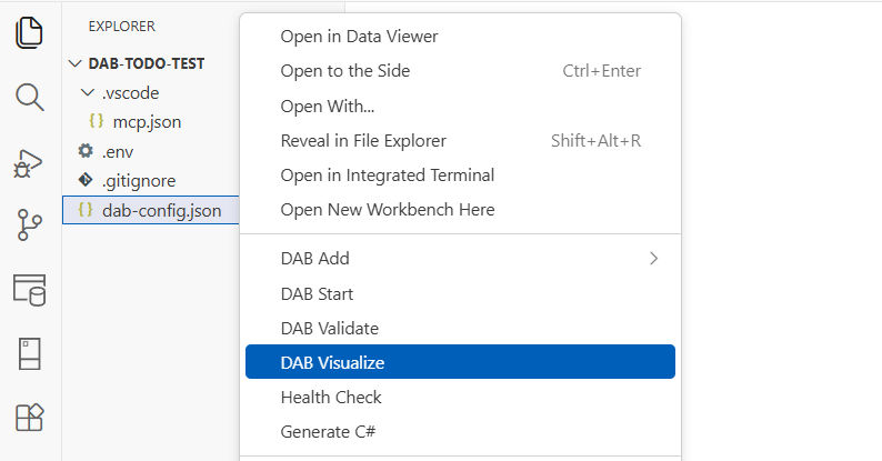 Captura de pantalla de la salida DAB Visualize representada como un diagrama er en Visual Studio Code.