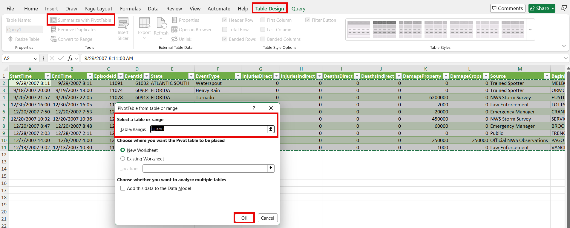 Captura de pantalla que muestra cómo crear una tabla dinámica.