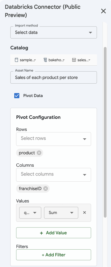 Configura una tabla dinámica en el conector de Databricks