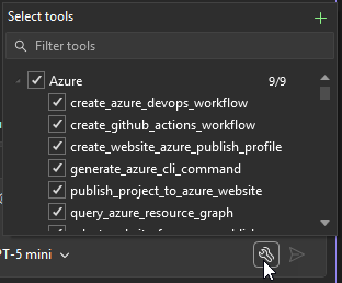Captura de pantalla del panel de chat con el botón seleccionar herramientas en Visual Studio 2026.