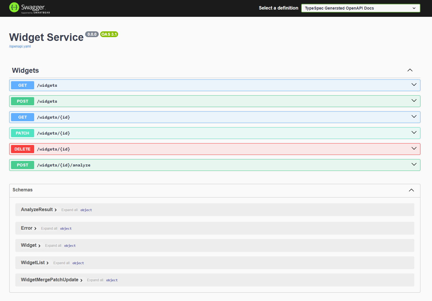 Captura de pantalla del explorador que muestra la interfaz de usuario de Swagger para widgets API.