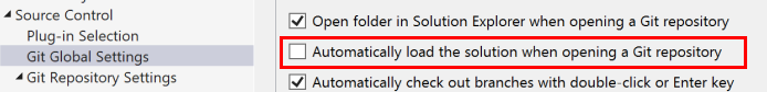 Captura de pantalla que muestra la casilla para cargar automáticamente la solución al abrir un repositorio de Git en el cuadro de diálogo Opciones.