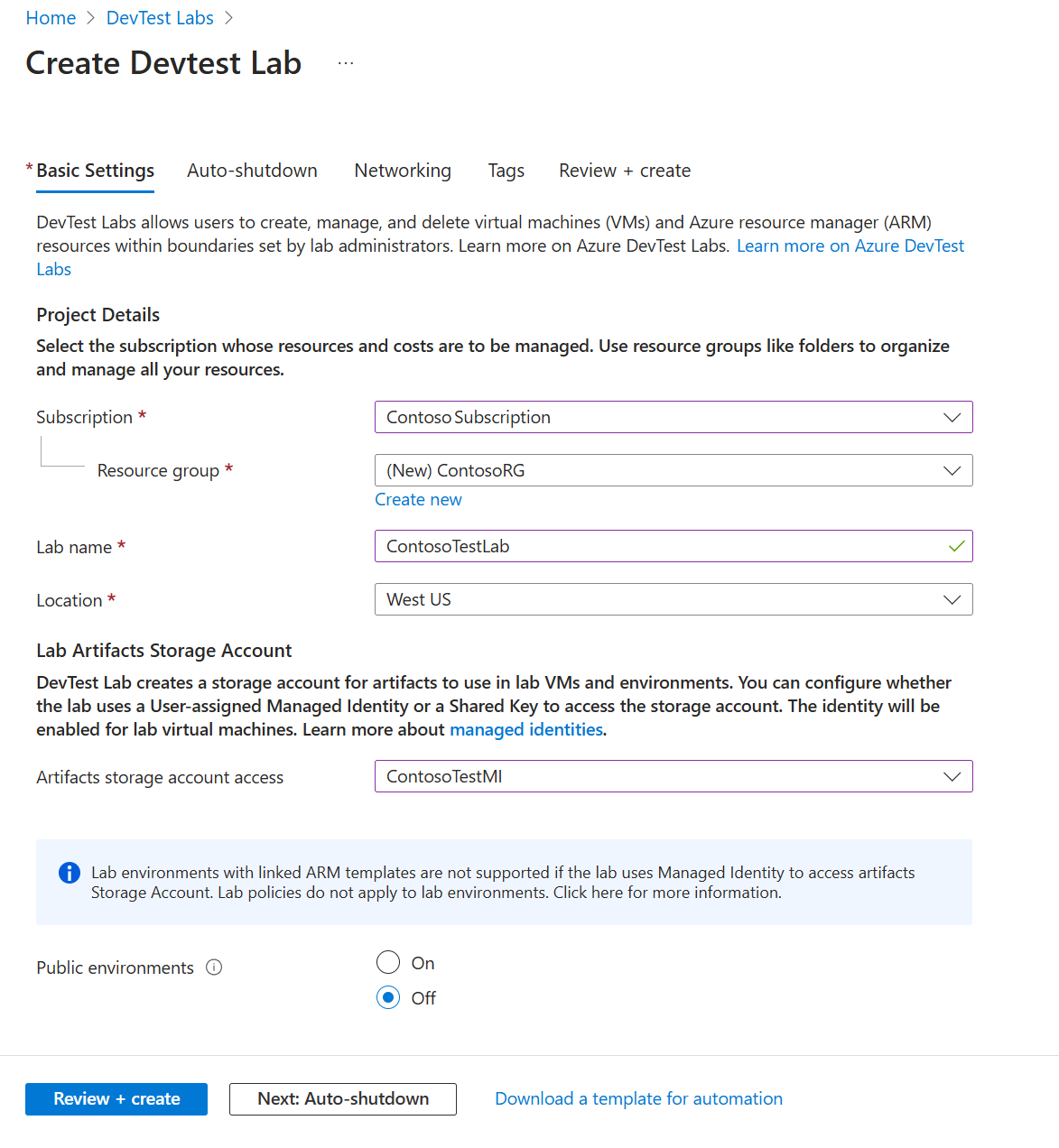 Captura de pantalla de la pestaña Configuración básica en el formulario de creación de DevTest Labs.