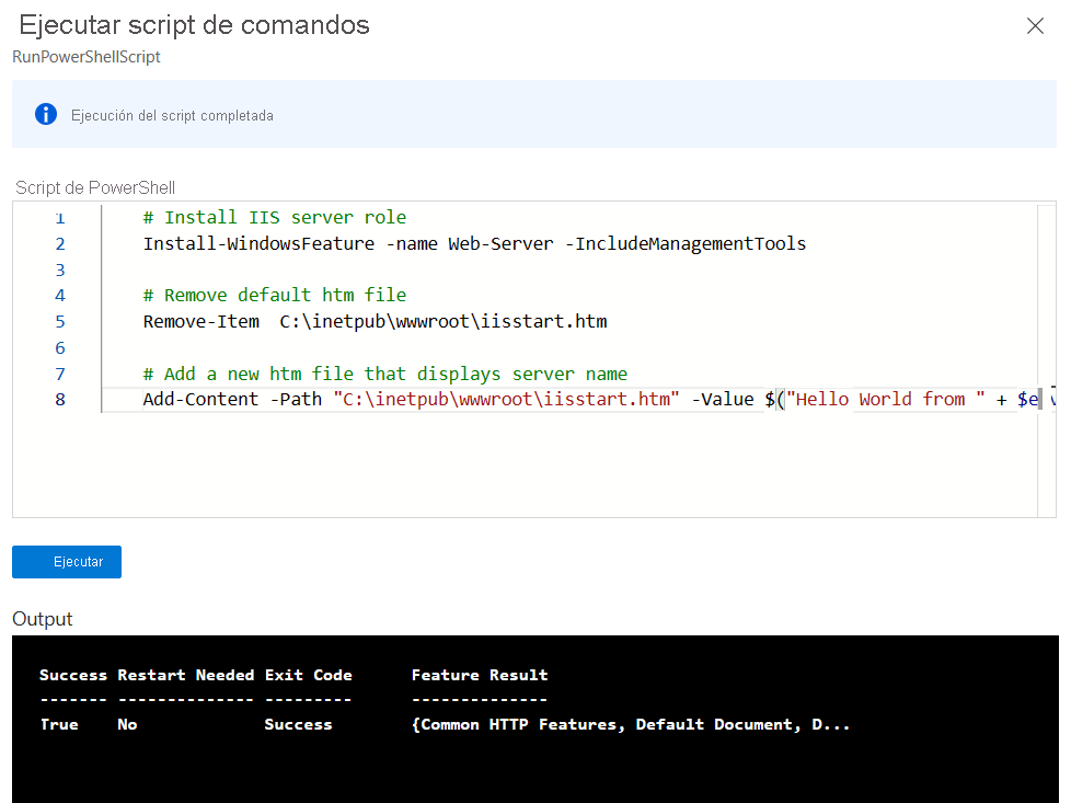 Captura de pantalla de la ventana Ejecutar script de comando con código de PowerShell y salida.