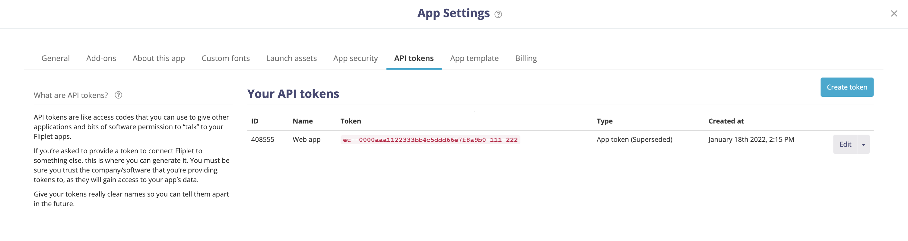 Interfaz de usuario donde se puede generar el token de API
