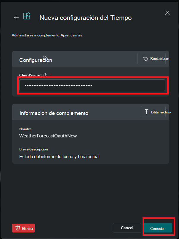 Captura de pantalla que muestra El paso para escribir el secreto de cliente