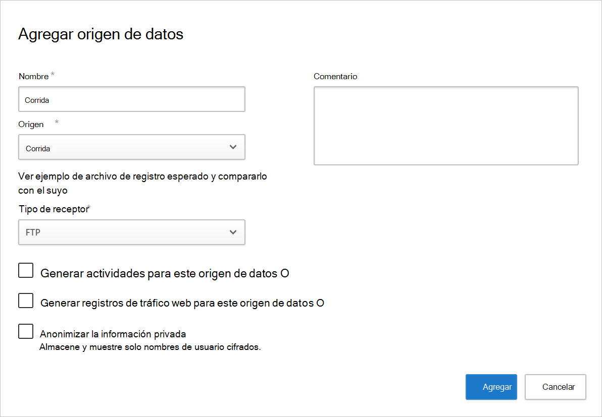 Captura de pantalla de la página de Añadir fuente de datos con Corrata seleccionada como fuente.