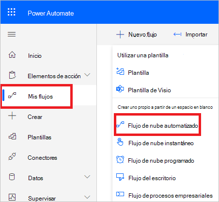 Captura de pantalla del portal de Power Automate que muestra la opción crear nuevo flujo.
