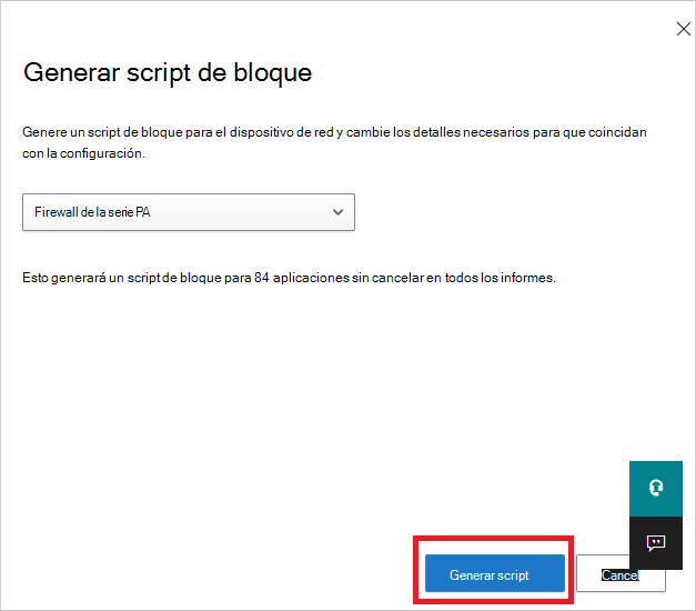 Captura de pantalla del botón Generar script usado para crear un script de bloque para todas las aplicaciones no autorizadas.