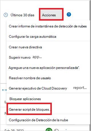 Captura de pantalla de la opción Generar script de bloque en el menú Acciones de Microsoft Defender for Cloud Apps.