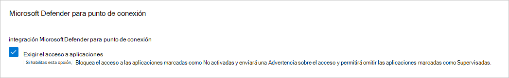 Captura de pantalla de la configuración de Microsoft Defender para punto de conexión mostrando la opción de Hacer cumplir acceso a la app en Cloud Discovery.