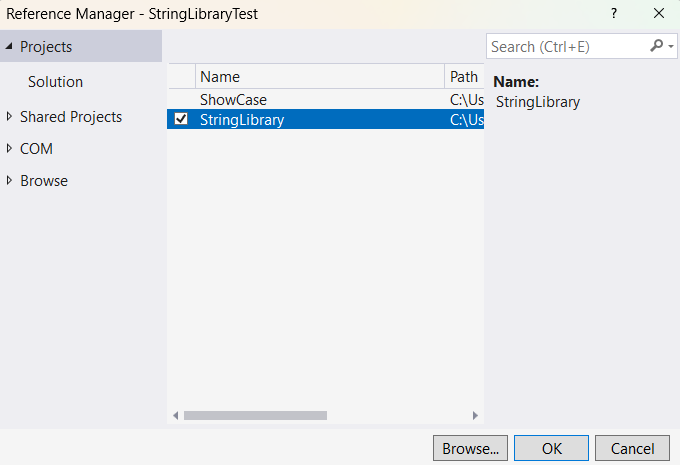 Agregue StringLibrary como referencia de proyecto para StringLibraryTest.