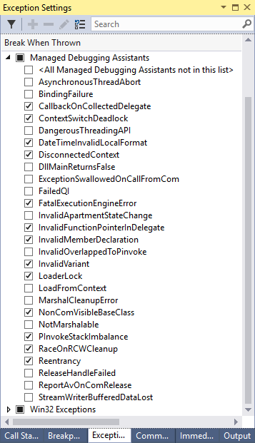 Ventana Configuración de excepciones en Visual Studio