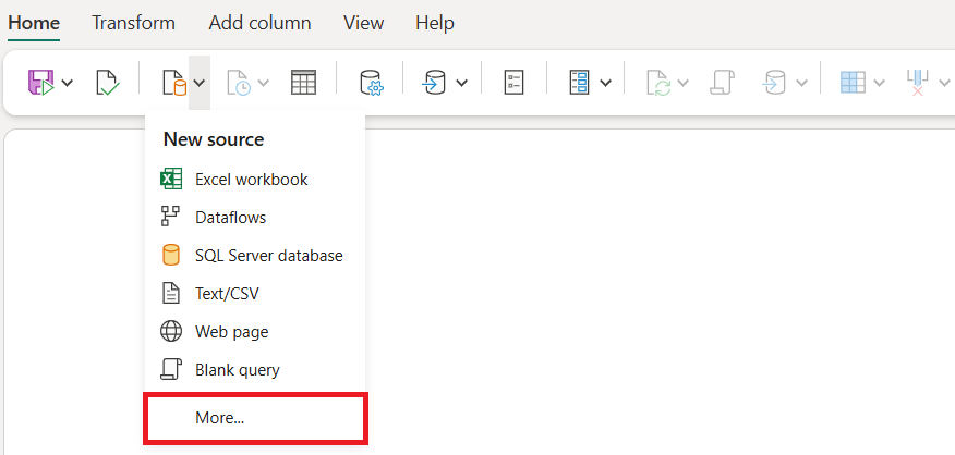 Captura de pantalla que muestra el menú Flujo de datos con el botón Obtener datos resaltado y Más... opción resaltada en su menú.