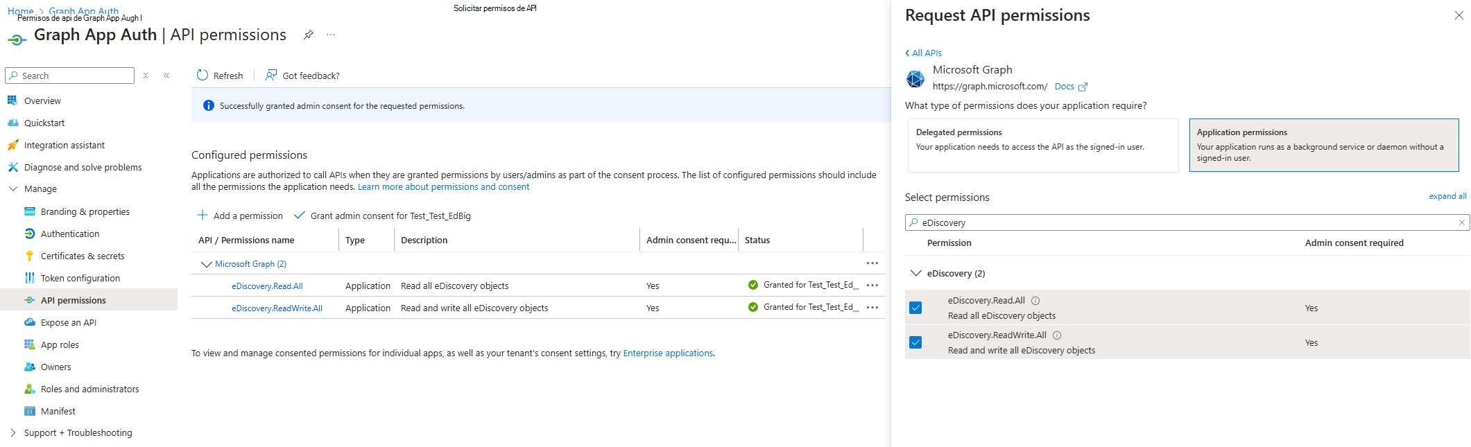 Captura de pantalla de la página permisos de api de registro de aplicaciones.