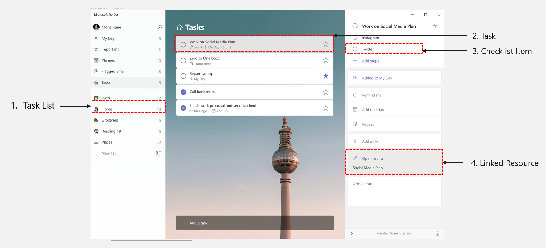 Captura de pantalla que muestra las entidades de API de To&nbsp;Do. La captura de pantalla muestra una lista de listas de tareas a la izquierda, las tareas dentro de una lista de tareas específica en el centro y, a la derecha, los elementos de la lista de comprobación y el recurso vinculado junto con otras propiedades de tarea.
