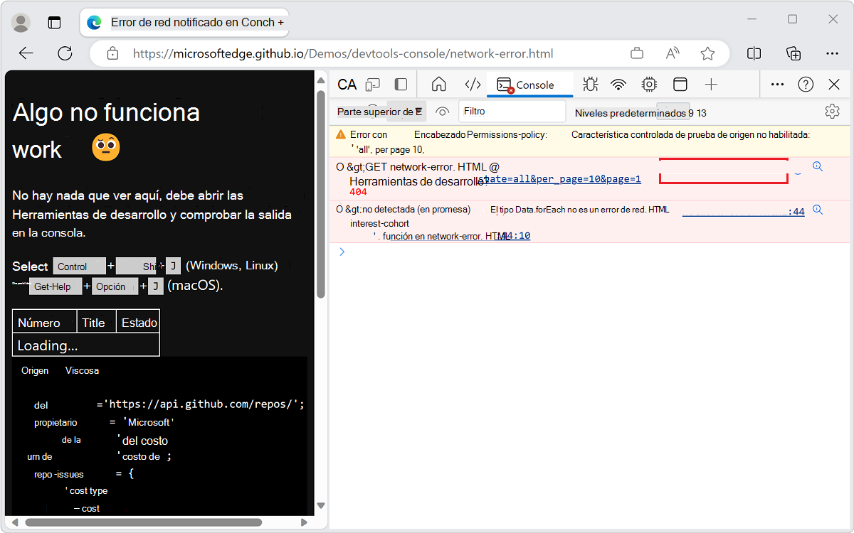 Error de la herramienta de consola con el nombre de archivo y el número de línea en los que se puede hacer clic