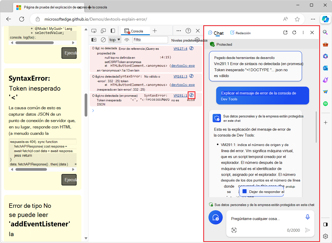 Copilot en la barra lateral de Microsoft Edge, que muestra el mensaje de error y la explicación