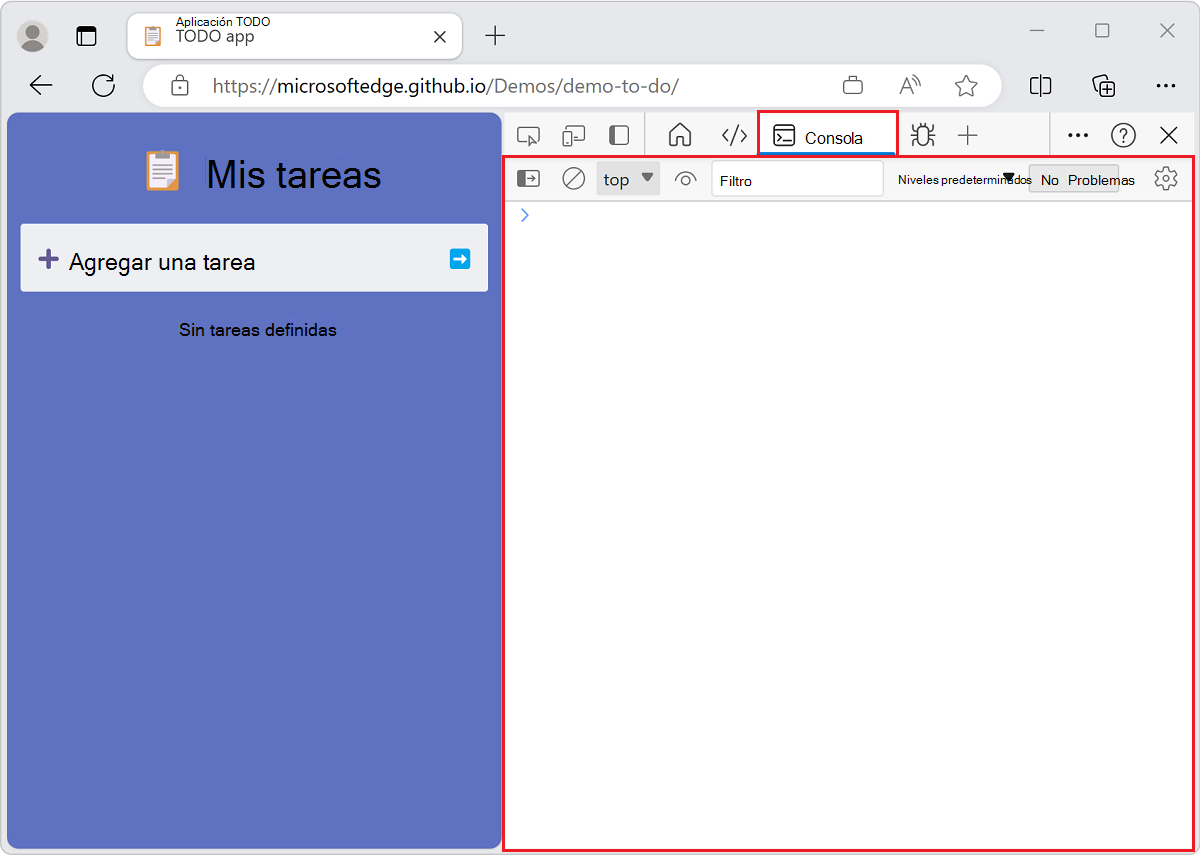 La herramienta Consola se abre en el panel superior