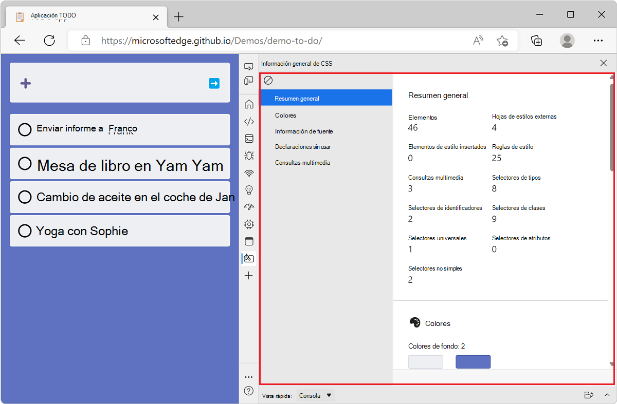 Microsoft Edge, con la aplicación de demostración de lista TODO y DevTools junto a ella, que muestra el informe de información general de CSS para ese sitio