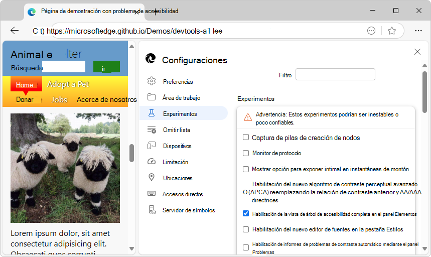 Página Experimentos en Configuración