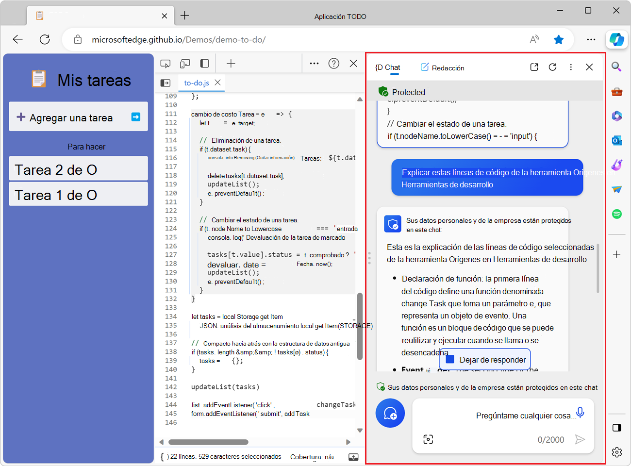 Copilot en la barra lateral de Microsoft Edge, donde se muestra el código fuente y la explicación.