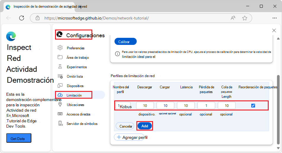 Creación de un perfil de limitación personalizado en la configuración de > DevTools > Limitación
