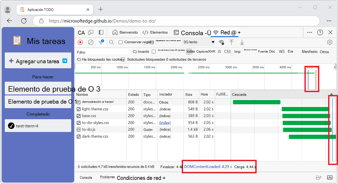 Las ubicaciones de los eventos DOMContentLoaded y load en la herramienta Red