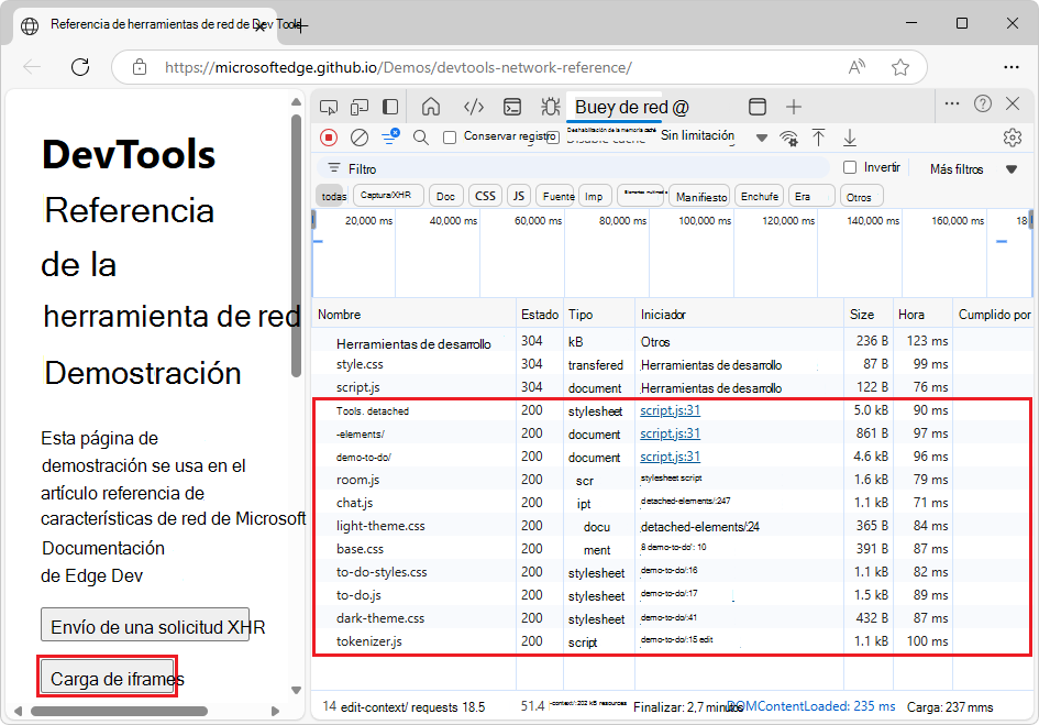 El registro de solicitudes de red con solicitudes no agrupadas