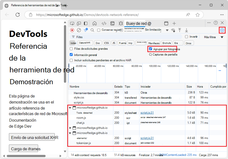 El registro de solicitudes de red con solicitudes agrupadas por iframes