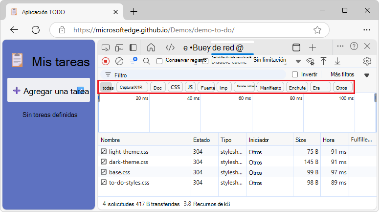 Uso de los filtros de tipo para mostrar los recursos JS, CSS y documentos