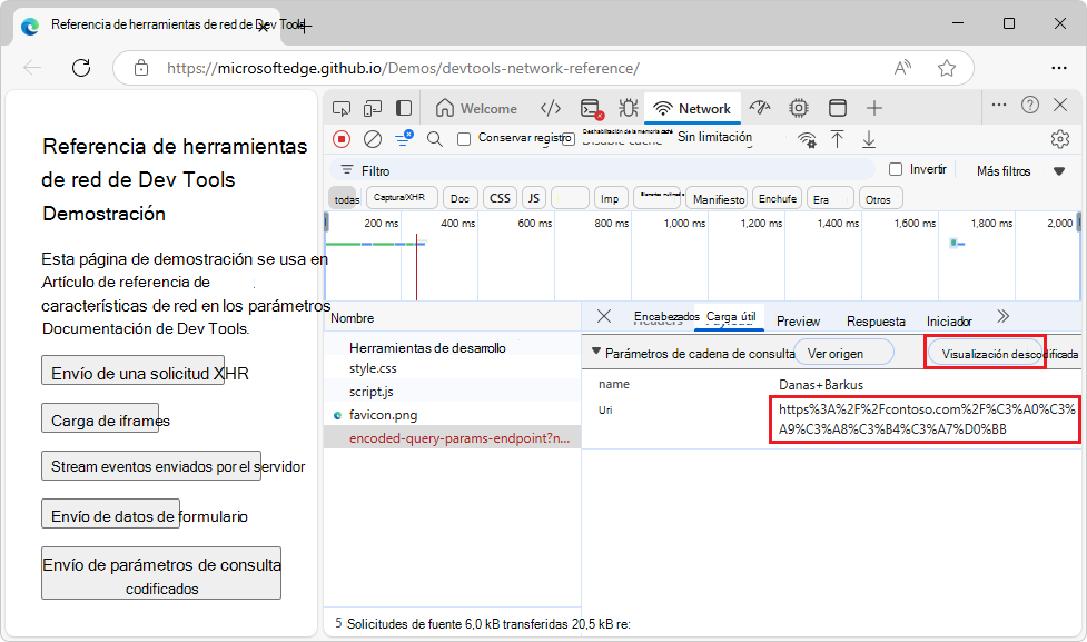 Parámetros de cadena de consulta mostrados con caracteres codificados en dirección URL