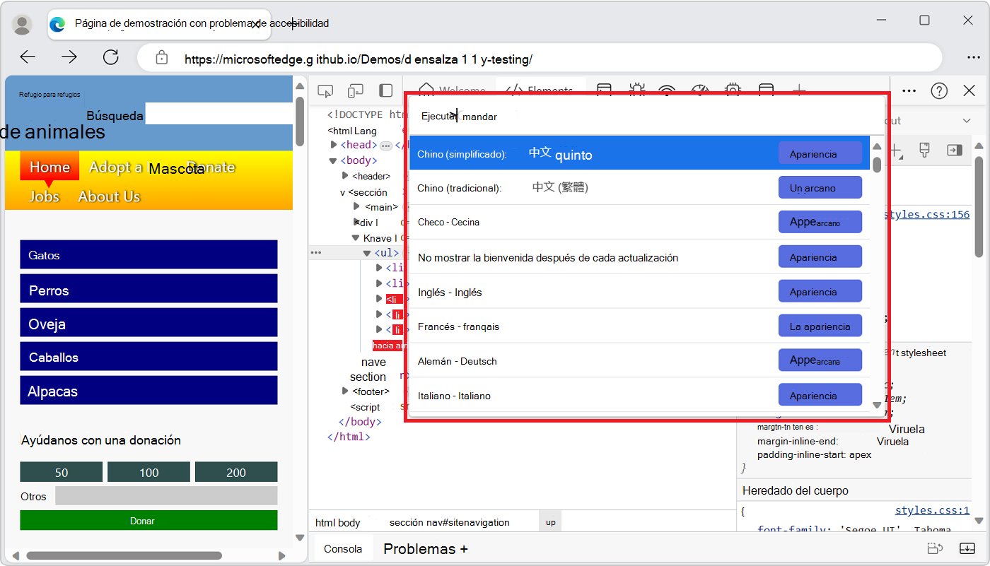 el menú Comando de DevTools