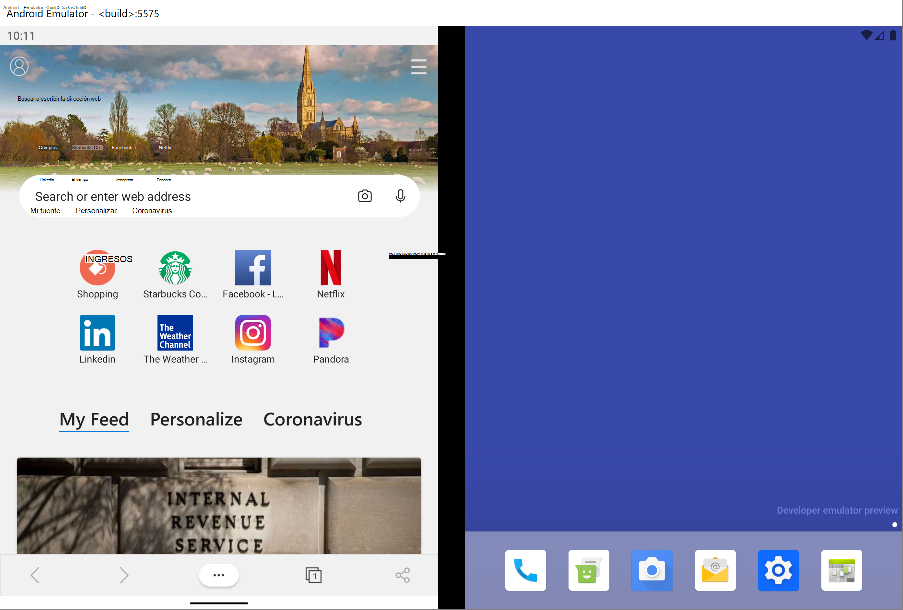 La aplicación Microsoft Edge en el emulador de Surface Duo