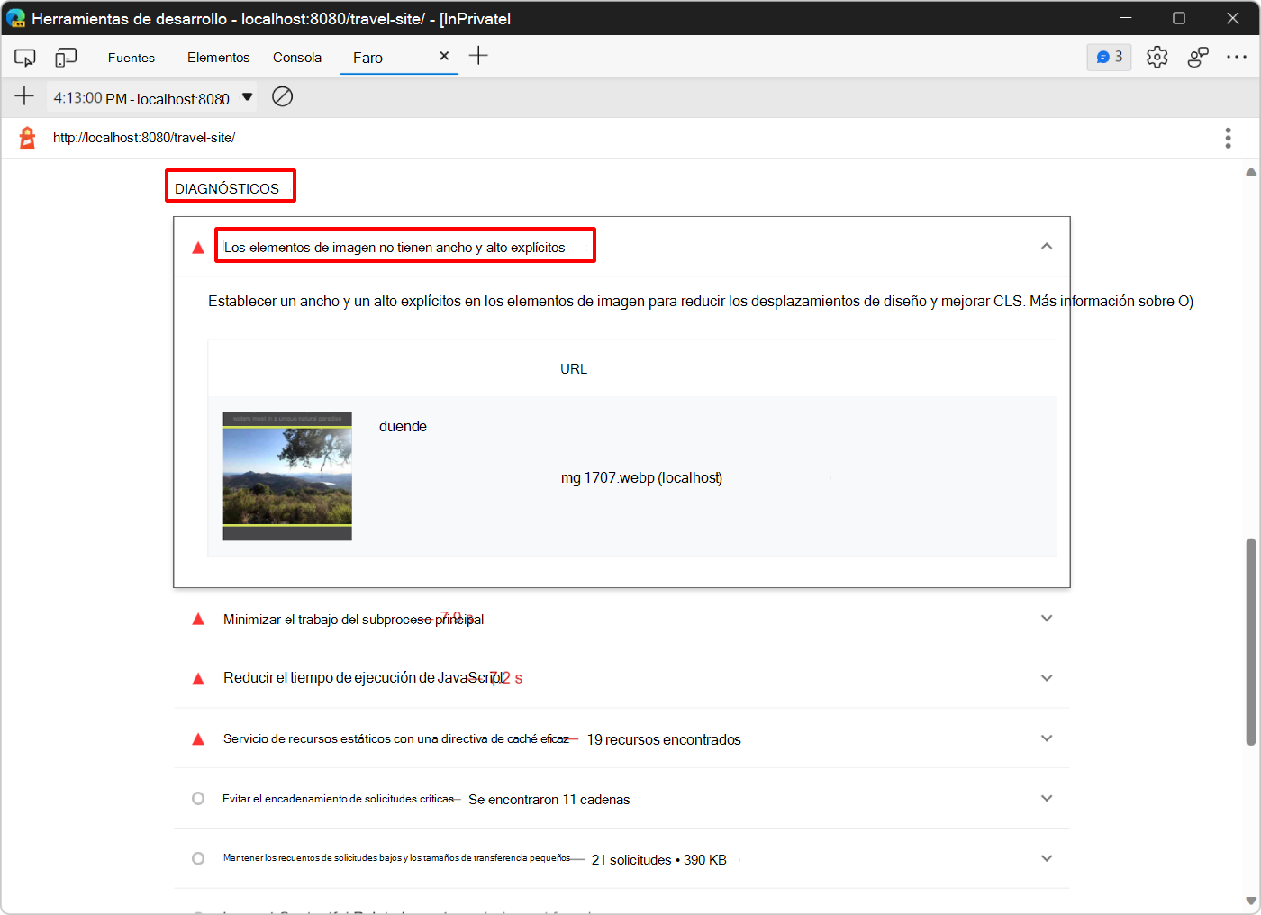 La sección de diagnósticos de Lighthouse sobre cómo establecer el ancho y el alto explícitos para las imágenes