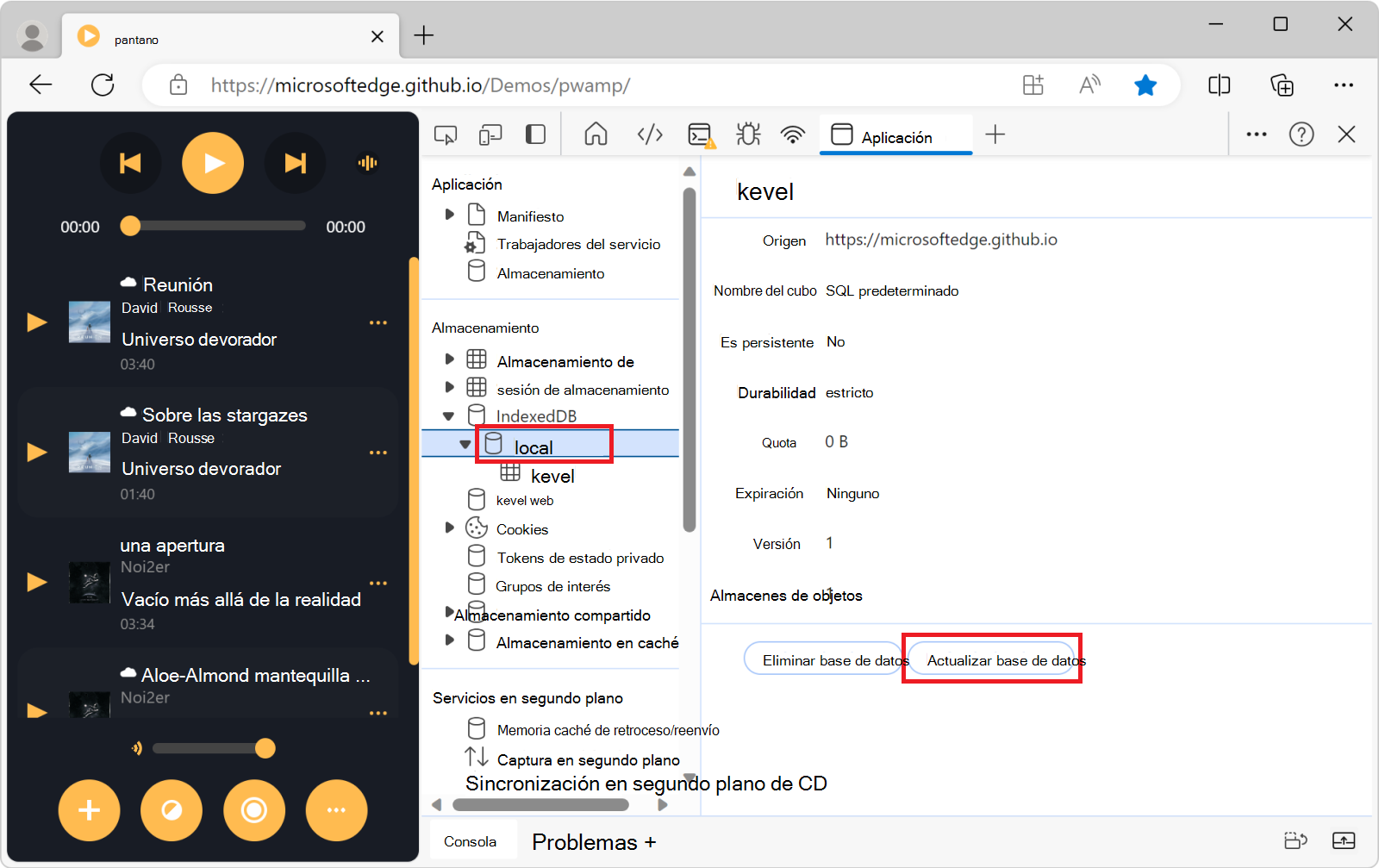 La vista de base de datos, con el botón actualizar