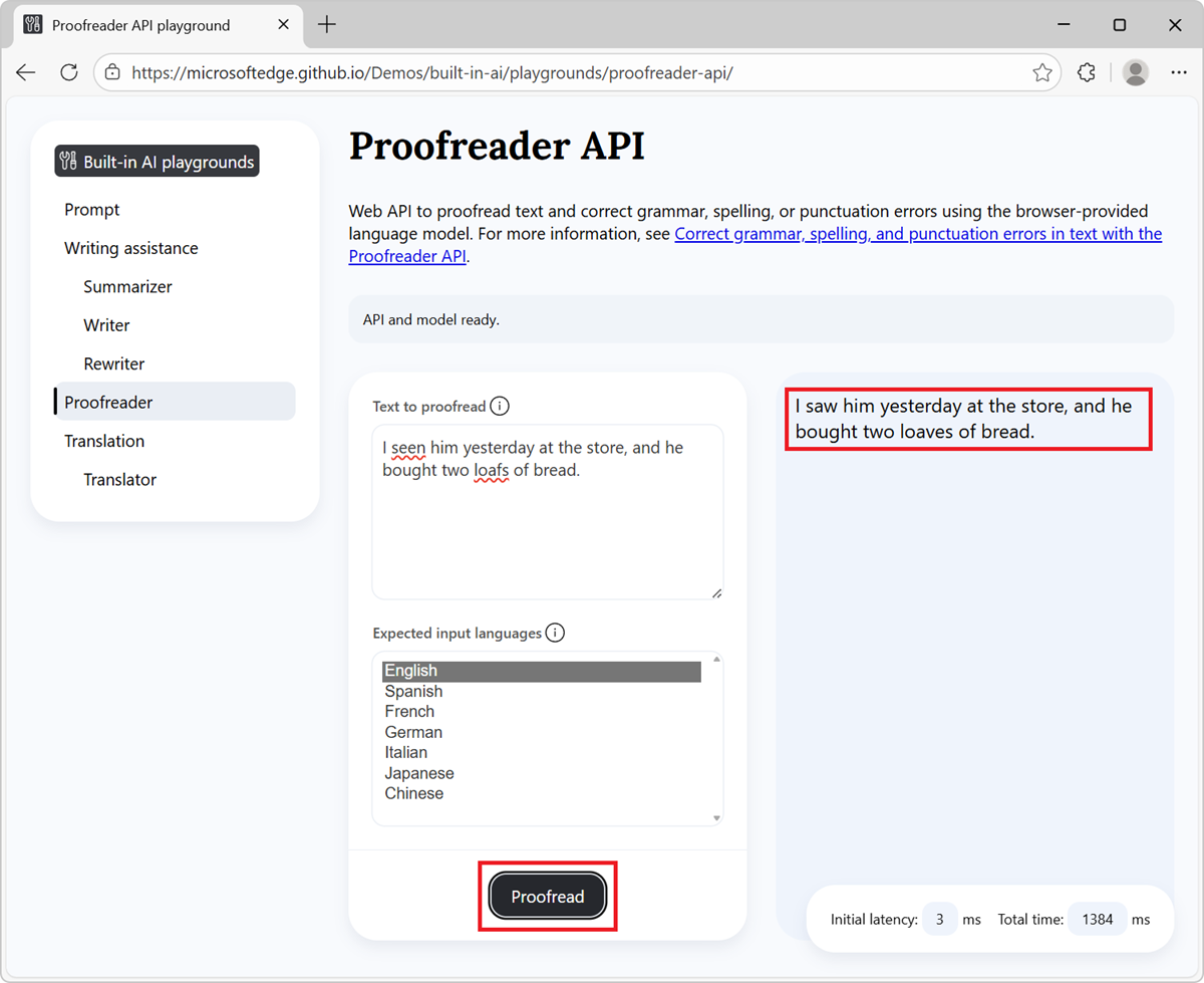 Página de demostración de Proofreader, que contiene la configuración y un botón Revisión