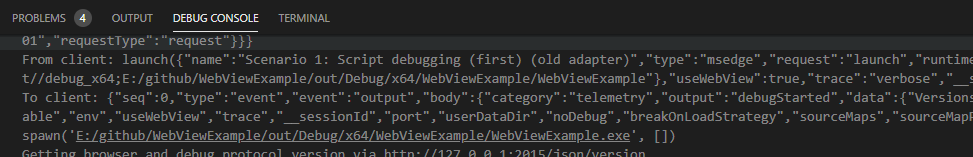 Visual Studio Code salida de depuración con el seguimiento detallado activado