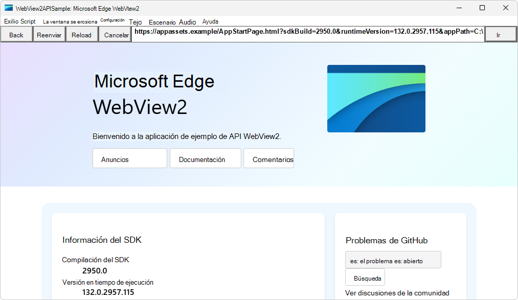 Aplicación WebView2APISample en ejecución