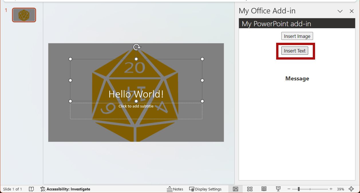 La diapositiva actual seleccionada de PowerPoint con botón Insertar texto resaltado en el complemento.