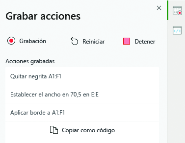 Lista de acciones grabadas por la grabadora de acciones.