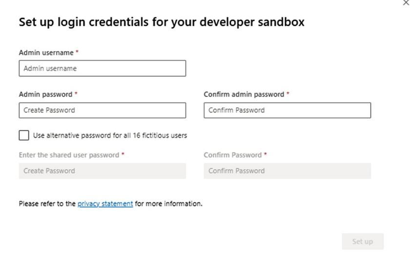 Configuración de credenciales de inicio de sesión para el espacio aislado para desarrolladores: campos de nombre de usuario y contraseña de administrador