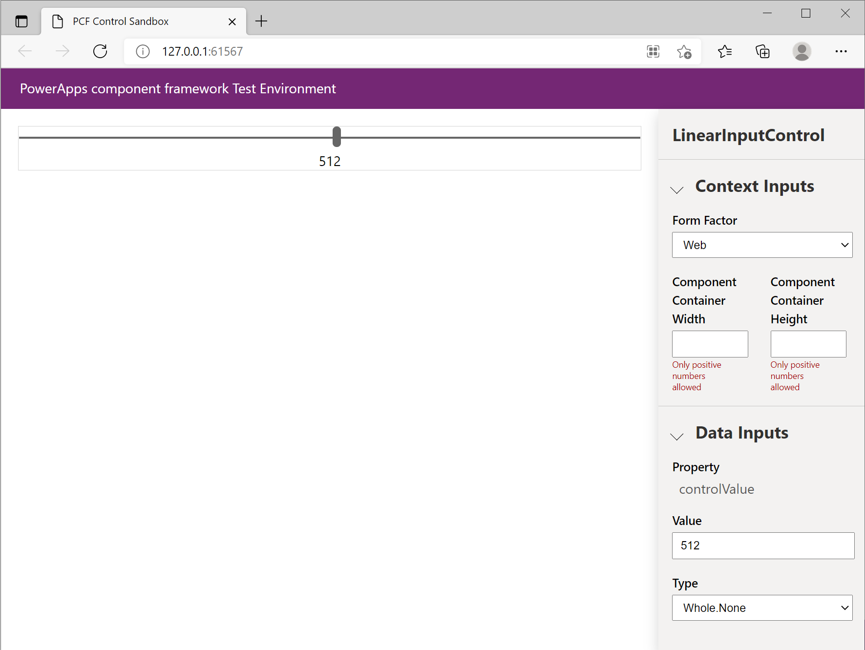 Captura de pantalla de los campos de datos de entrada del banco de pruebas para las propiedades del componente de código.