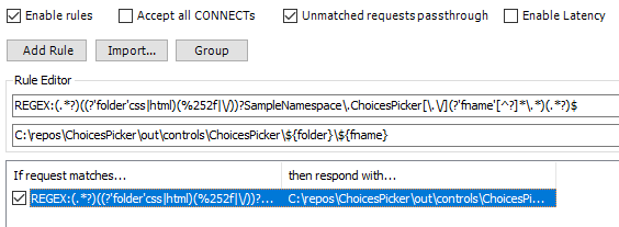 Captura de pantalla de una regla de AutoResponder de Fiddler para recursos de componentes de código locales.